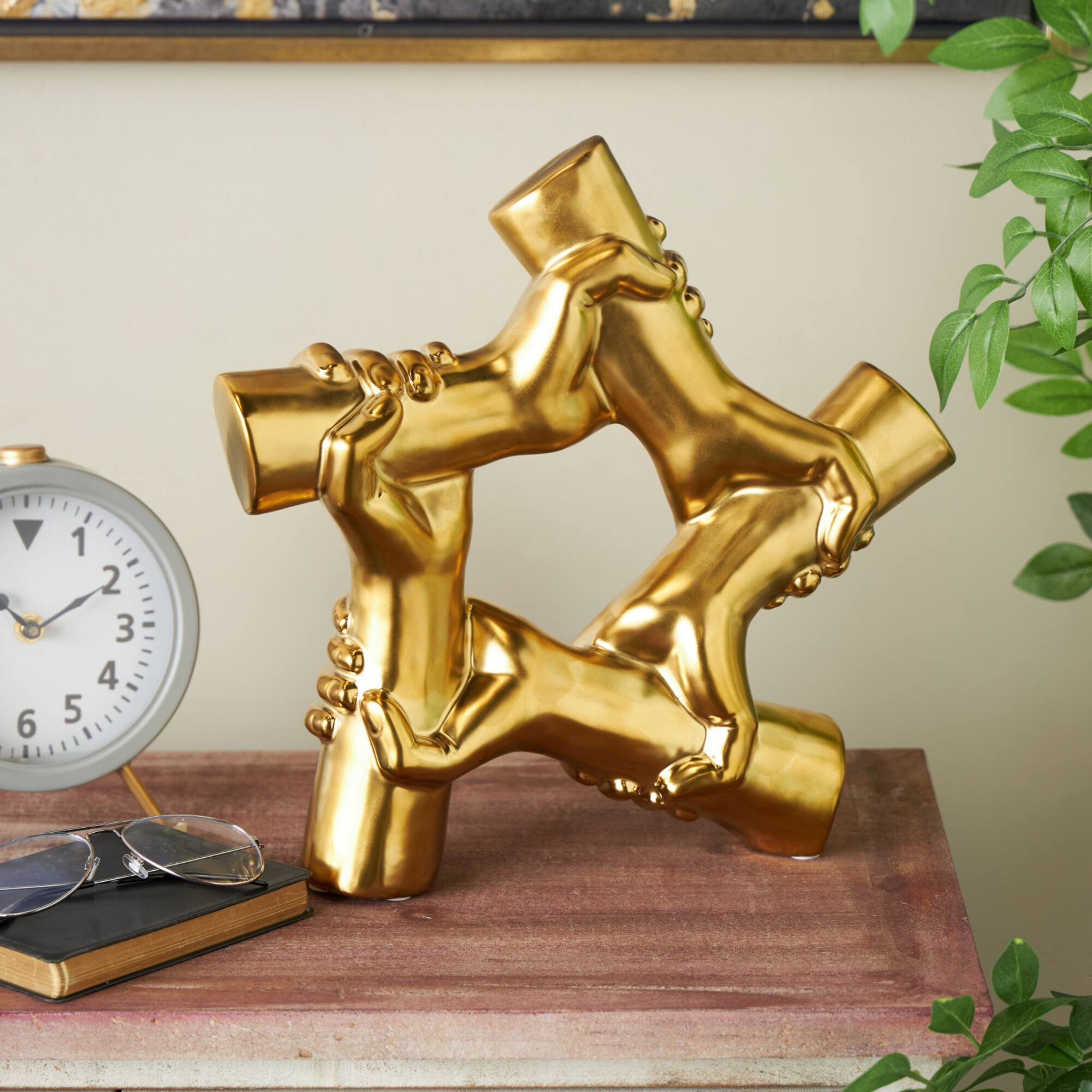 13" Gold Hands Gripping Ceramic Sculpture